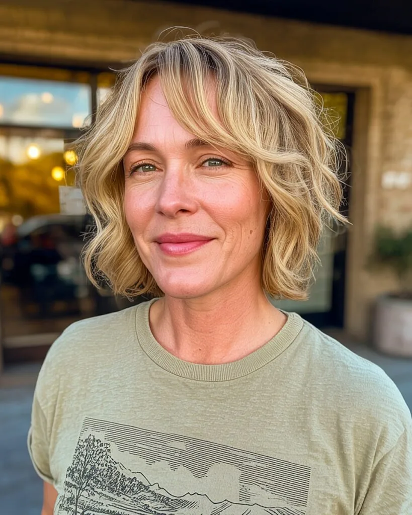 Short blonde bob with loose waves and curtain bangs for over 40 women with textured hair