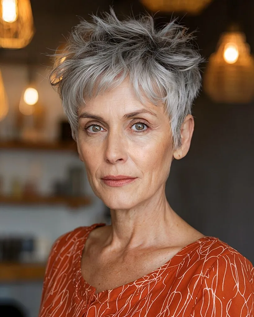 Short choppy crop for women over 60 with edgy silver layers and textured bangs