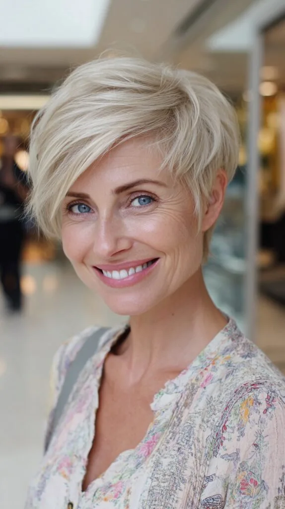 Short Cool-Blonde Pixie with Angled Fringe and Subtle Nape Taper