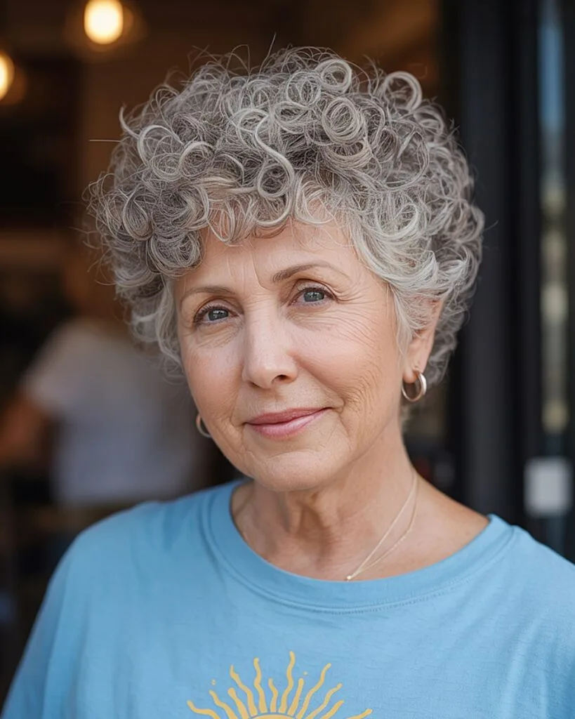 Short curly permed crop for grey hair over 60 with soft ringlets and full volume