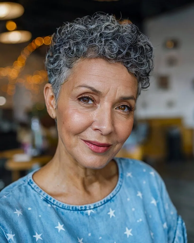 Short curly pixie cut for older women with natural grey curls and tapered sides