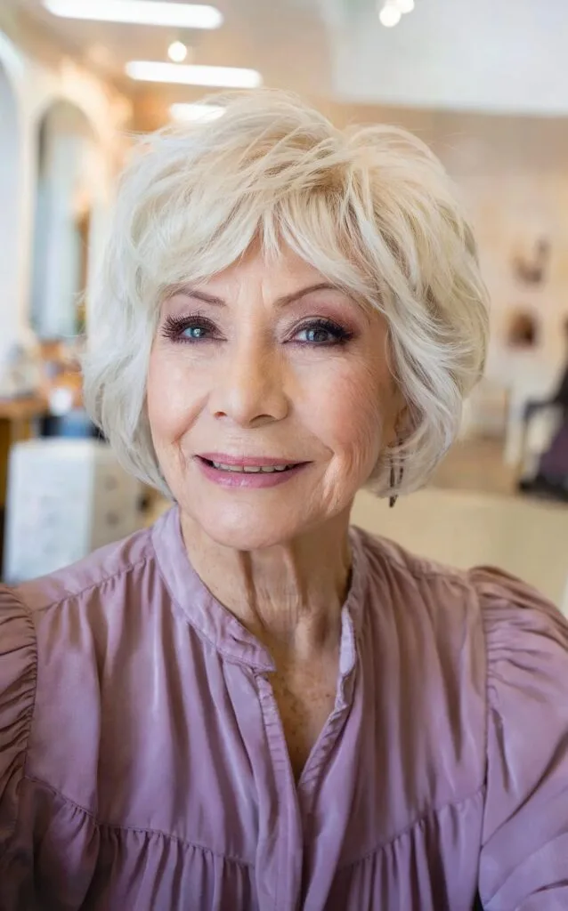 Short Face-Framing Shag with Wavy Bangs for Women Over 70