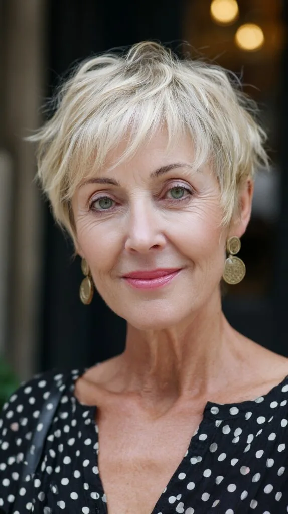 Short Feathered Platinum Pixie with Wispy Fringe