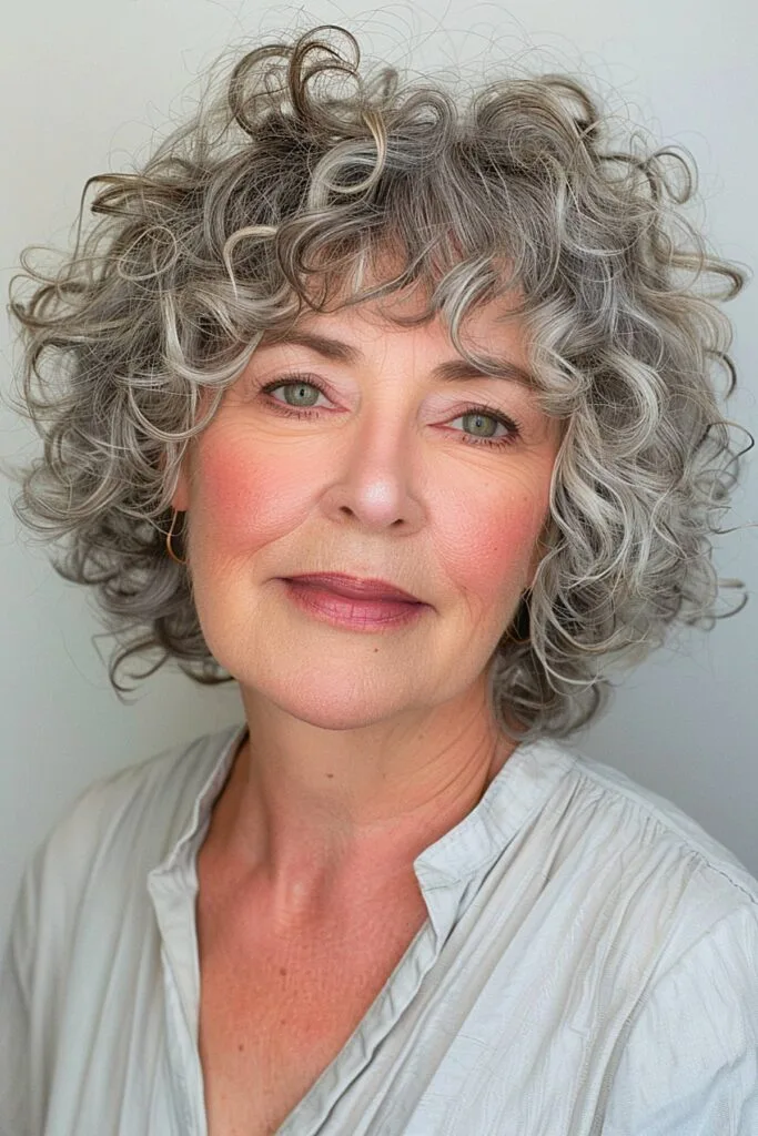Short layered curly hairstyle for women over 50 with gray hair