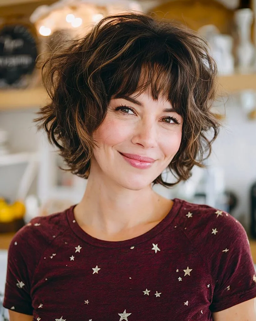 Short layered haircut with see-through bangs for women over 40 with natural wavy texture