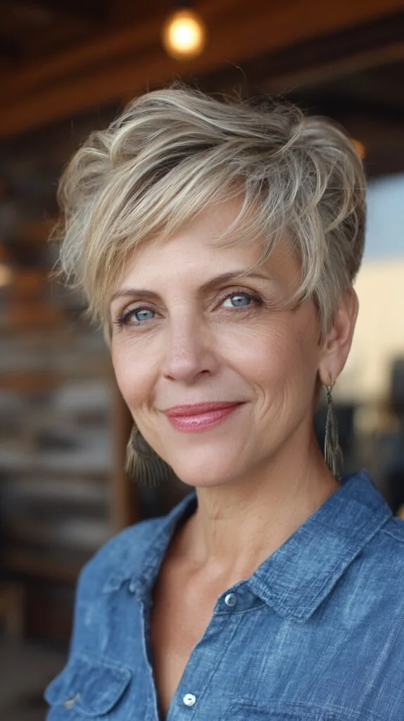 Short Layered Platinum Pixie with Textured Crown and Shadow Root
