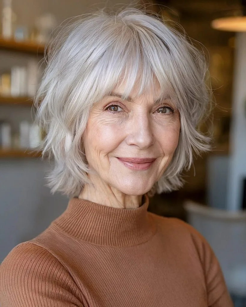 Short layered shag with bangs for thin gray hair, easy French bob for women over 40