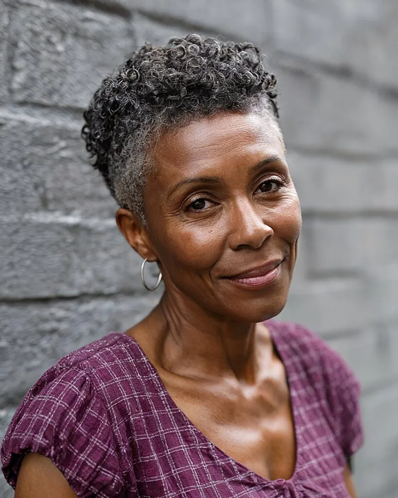Short natural tapered cut for Black women over 60 with salt-and-pepper coils