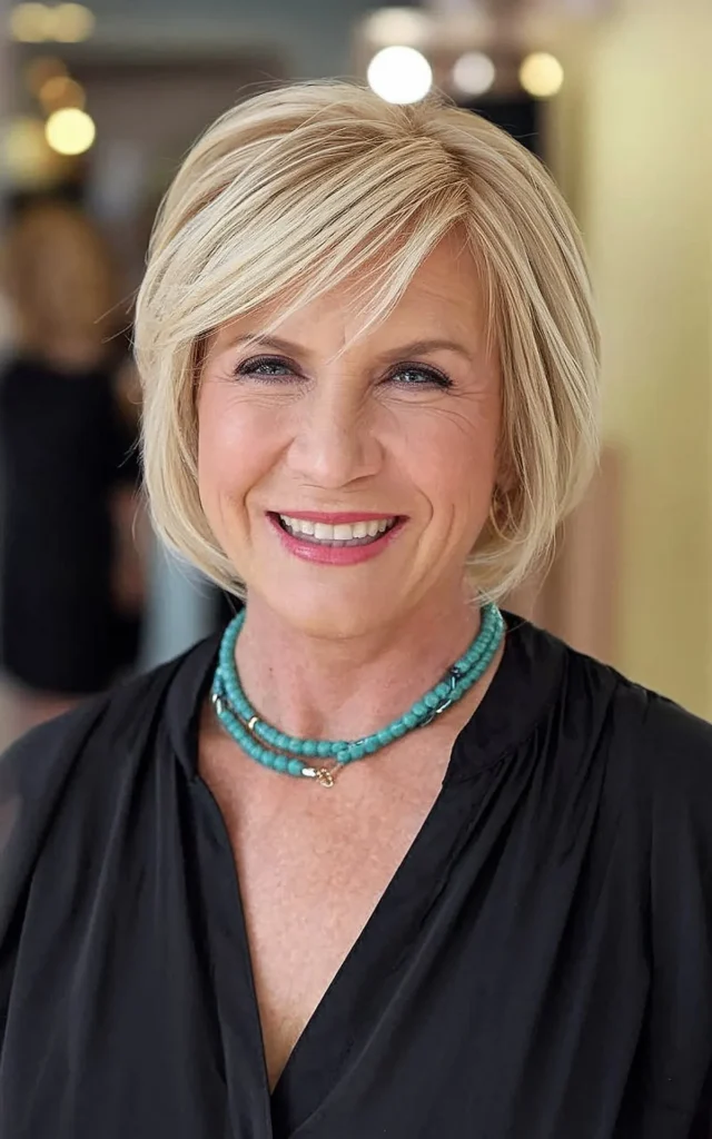 Short Piecey Blonde Side-Parted Bob Hairstyle for Mature Women