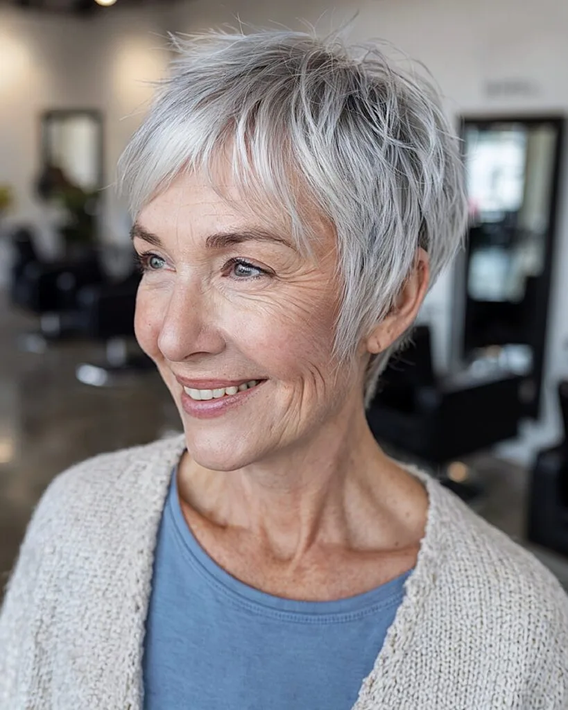 Short pixie shag with textured ends and wispy fringe, bold French bob alternative for thin hair over 40