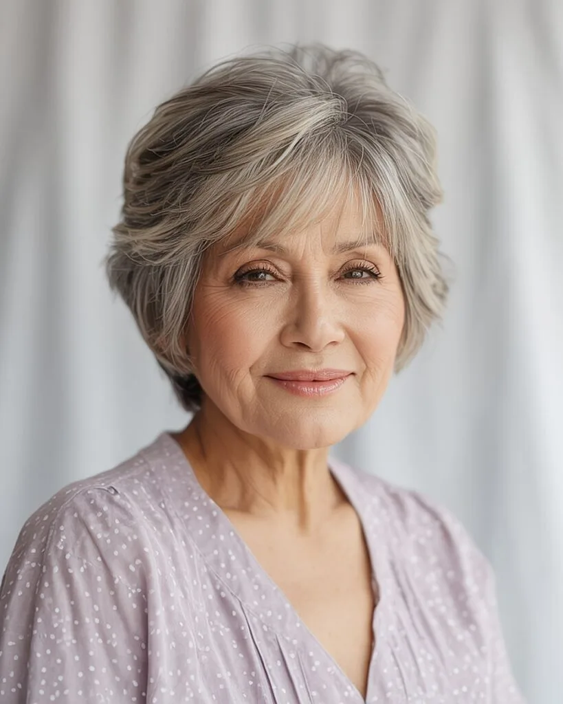 Short shag haircut for older women with bangs and lifted crown volume