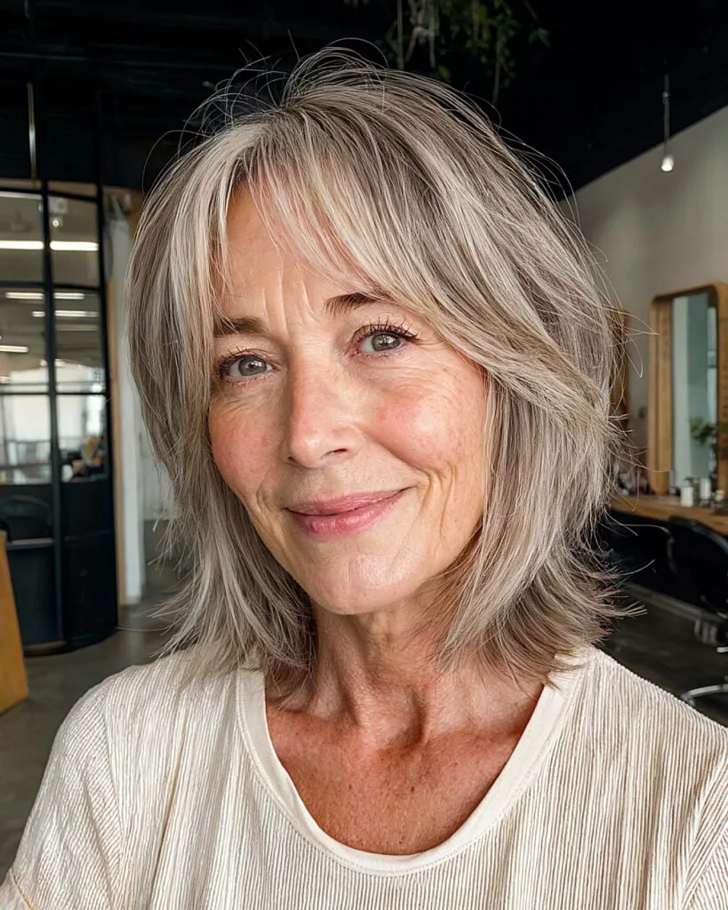 Short shag haircut for women over 60 with curtain bangs and layered grey strands