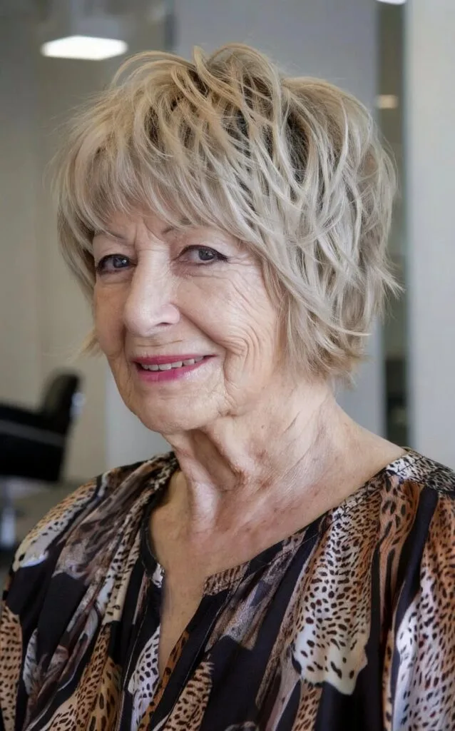 Short Shag with Textured Bangs for Ladies Past 70 with Fine Hair