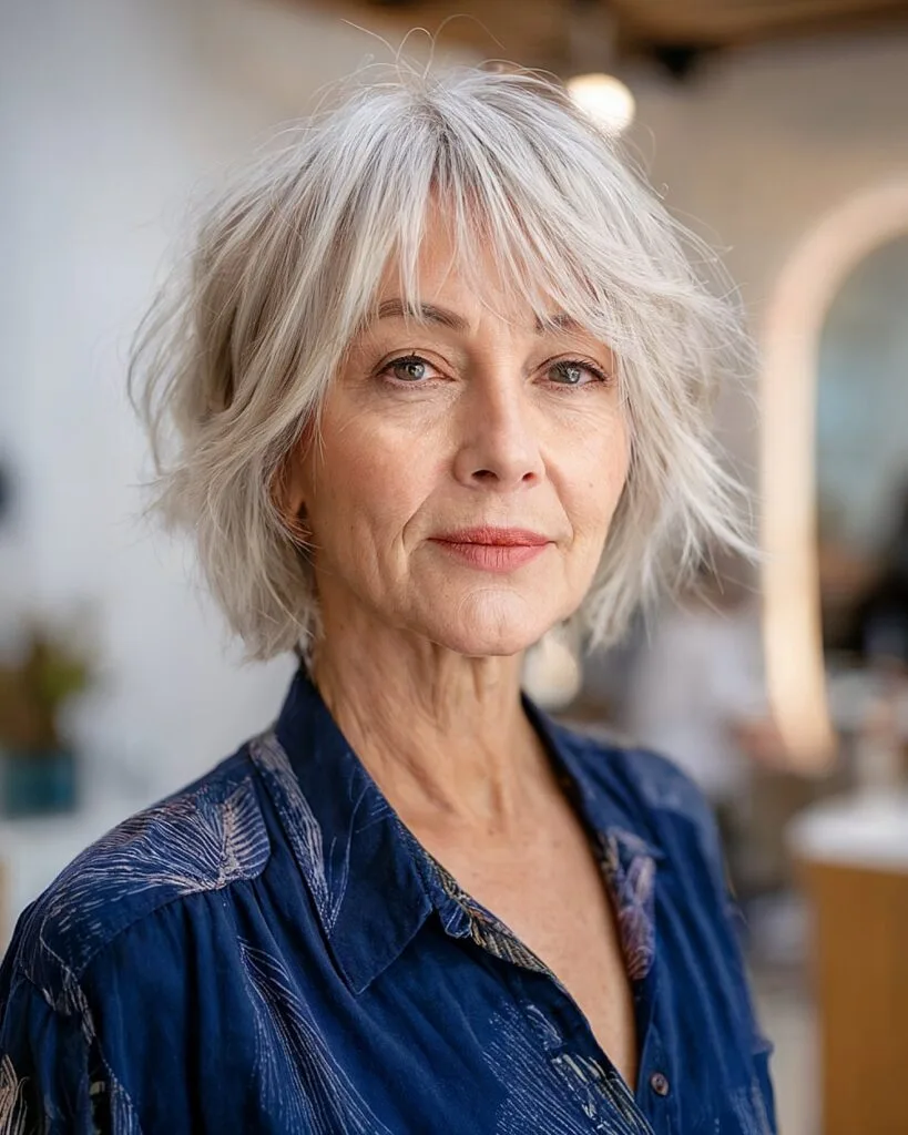 Short shaggy bob for women over 70 with wispy layers and natural silver tones
