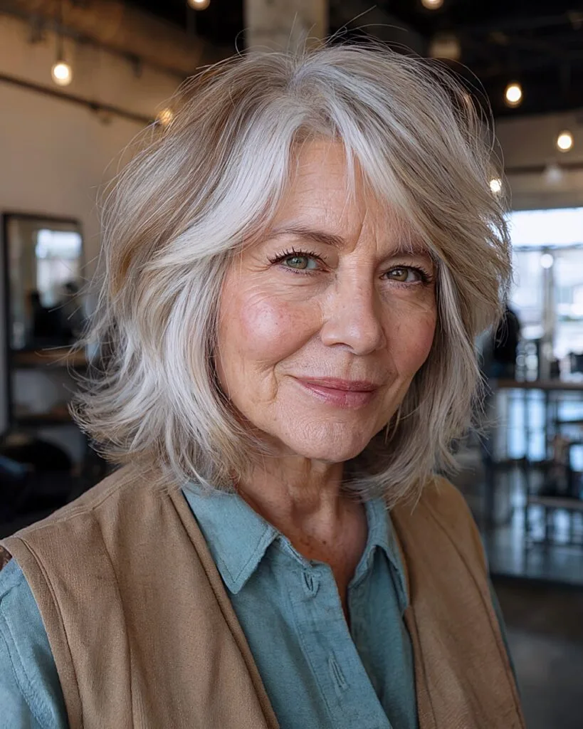 Short shaggy bob with light layers and tousled shape, ideal French bob for thin hair over 40