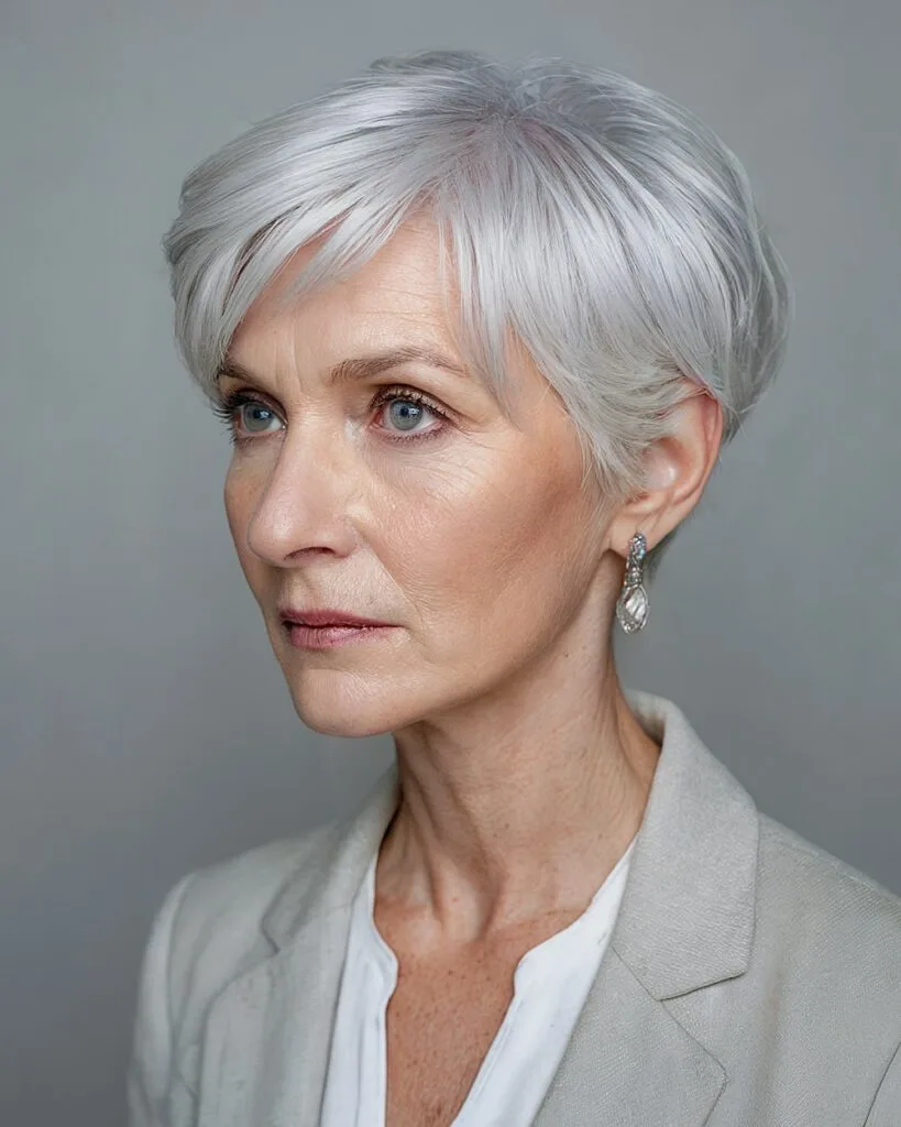Short silver pixie for over 60 with tapered nape and side-swept fringe