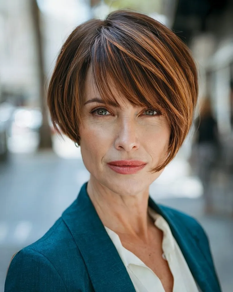 Short tapered bob with long side-swept bangs for older women with straight thick hair