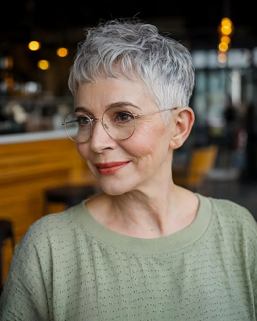 Short textured pixie cut for women over 60 with glasses and fine silver hair