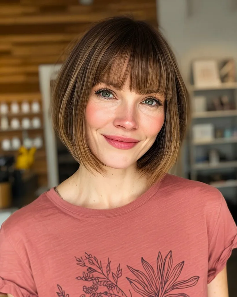 Short to medium bob with full straight bangs for women over 40 with fine, straight hair