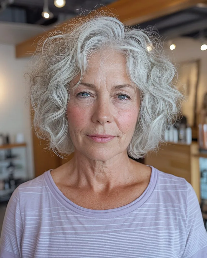 Short tousled grey waves for over 60 with natural volume and a layered finish