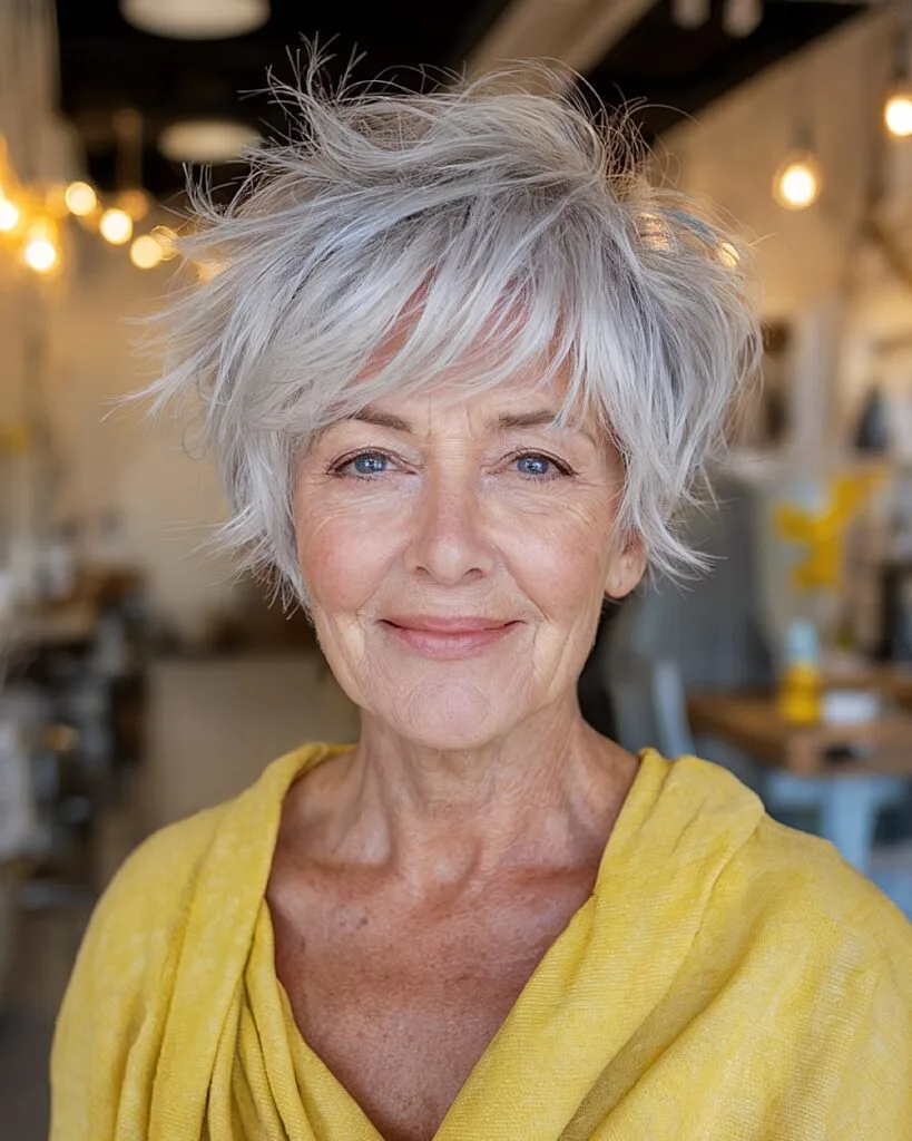 Short tousled shag with lifted crown and wispy fringe, glam pixie-style French bob for thin hair