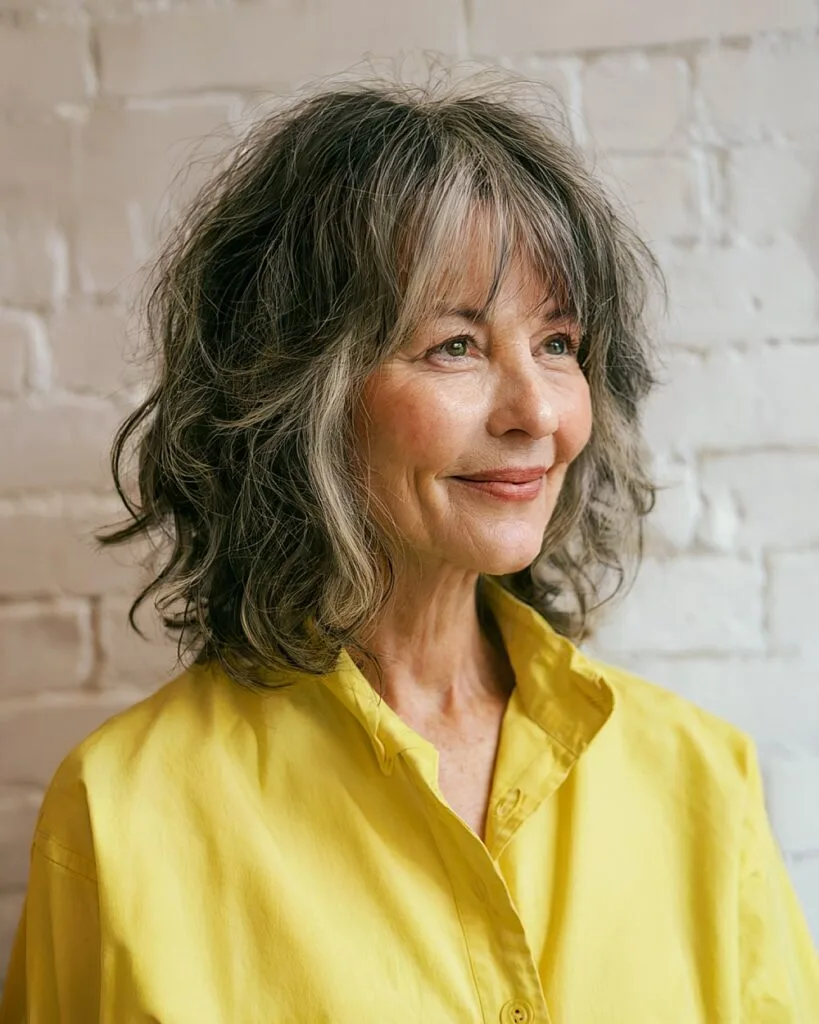 Shoulder-length charcoal shag with choppy layers and soft fringe for women over 70