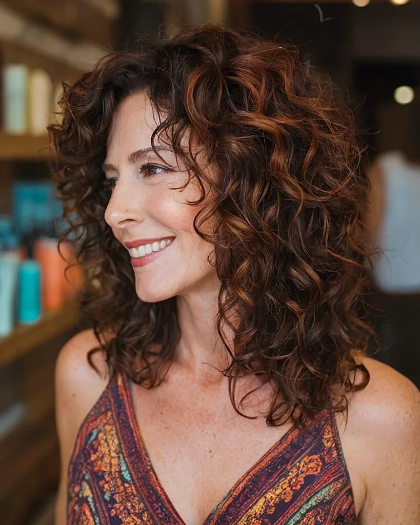 Shoulder-length curly hairstyle with layers for women over 40 and natural volume