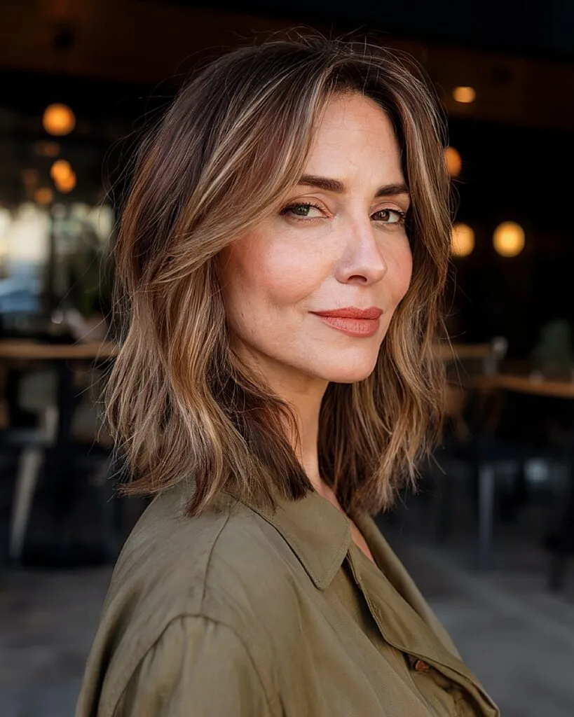 Shoulder-length haircut for thin hair with soft layering and natural brunette tone
