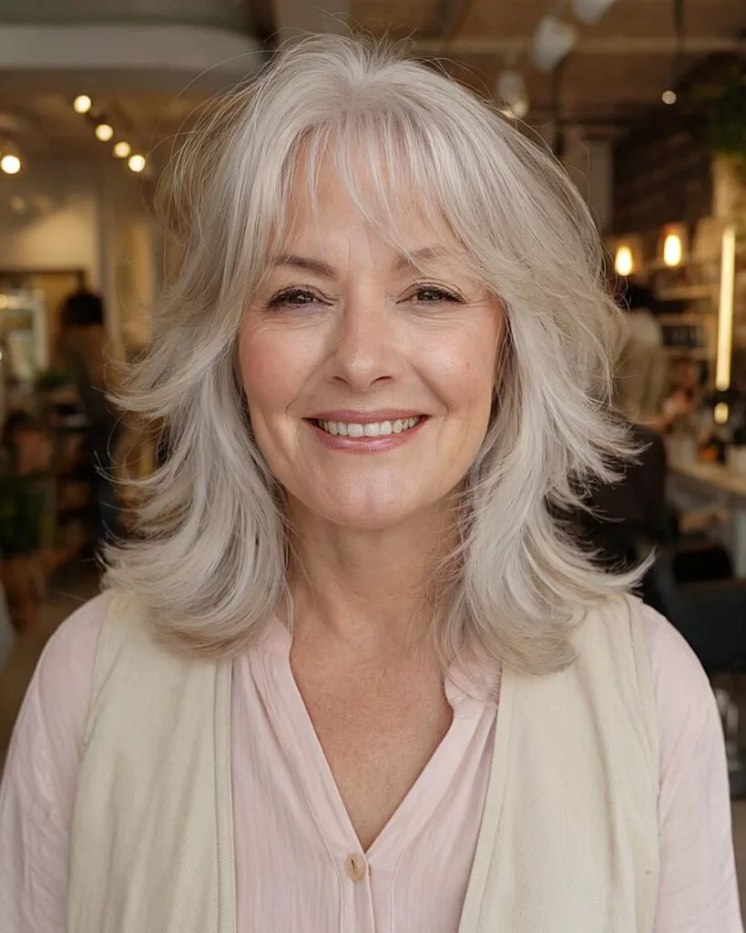 Shoulder-length shag with airy layers and soft fringe, flattering French bob cut for over-40 thin hair