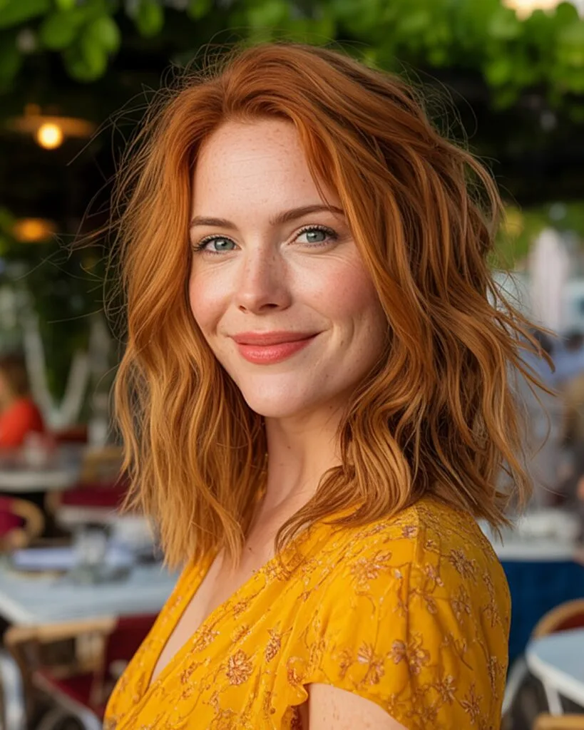 Shoulder-length wavy hairstyle with tousled texture and soft red tone for women over 40