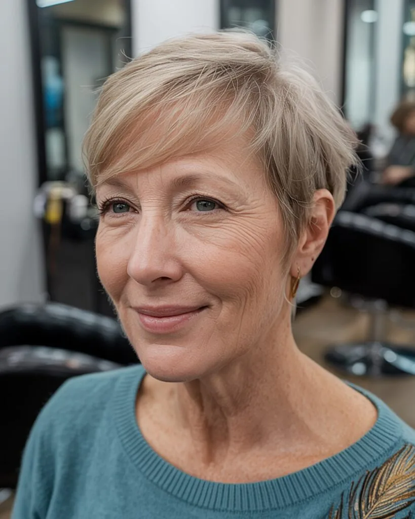 Side part pixie for high foreheads over 60 with fine blonde hair and diagonal fringe