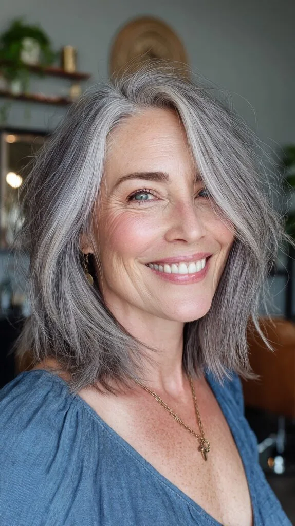 Side-Parted Shoulder-Grazing Silver Bob with Soft Pointed Ends