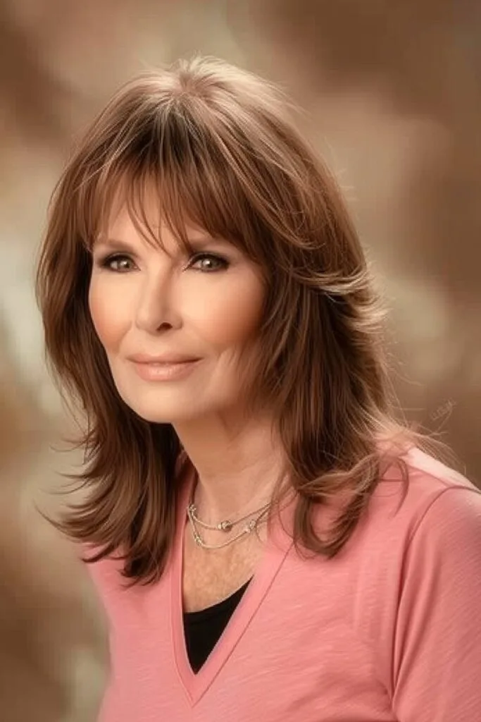 Side profile of a woman over 50 with a layered haircut and feathered bangs, providing a soft, face-framing effect.