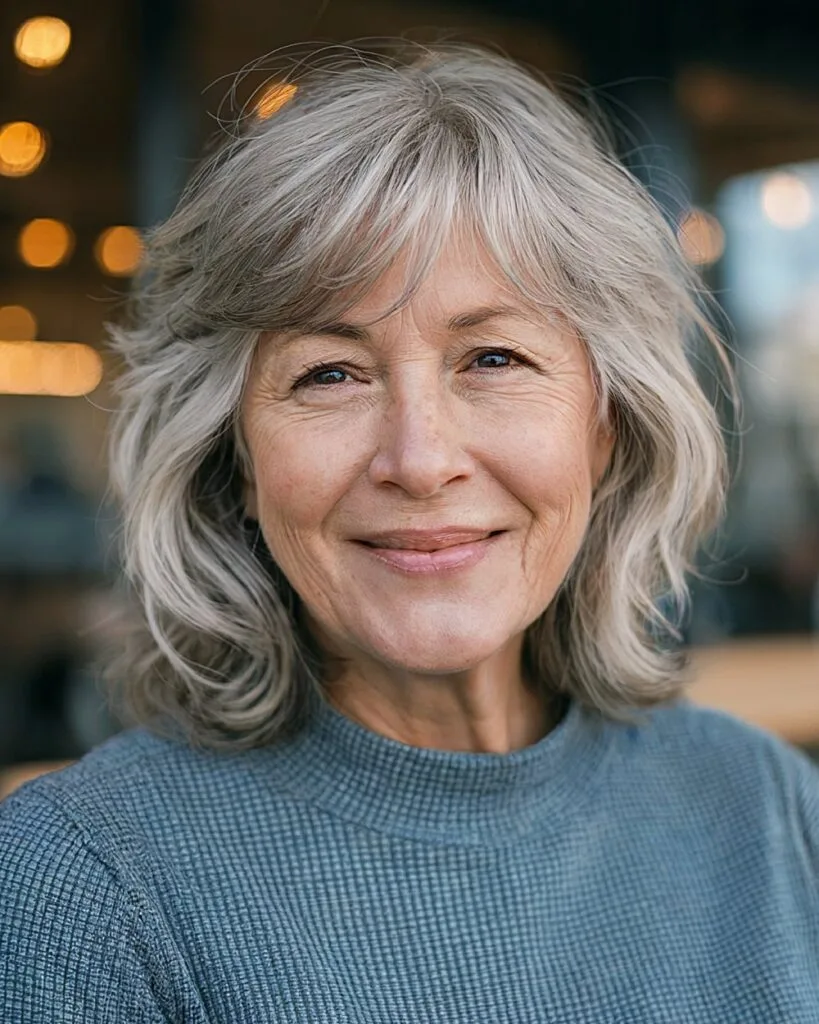 Side-swept bangs on layered shag for round face shape, shoulder-length French bob for thin hair