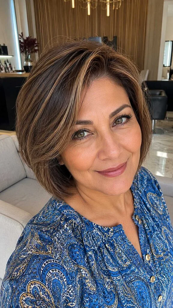 Side-Swept Brunette Bob with Honey Foil Highlights