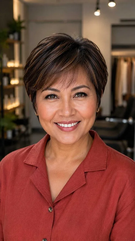 Side-Swept Brunette Pixie with Warm Honey Highlights