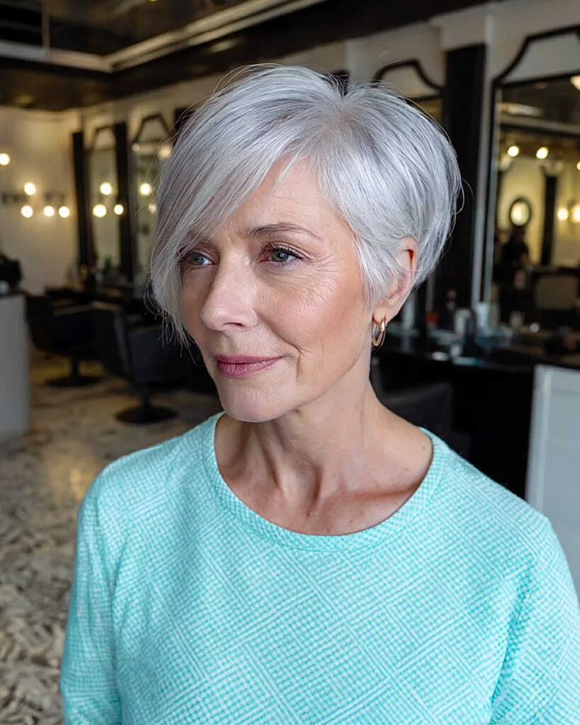 Side-swept pixie for thinning silver hair over 60 with layered crown volume