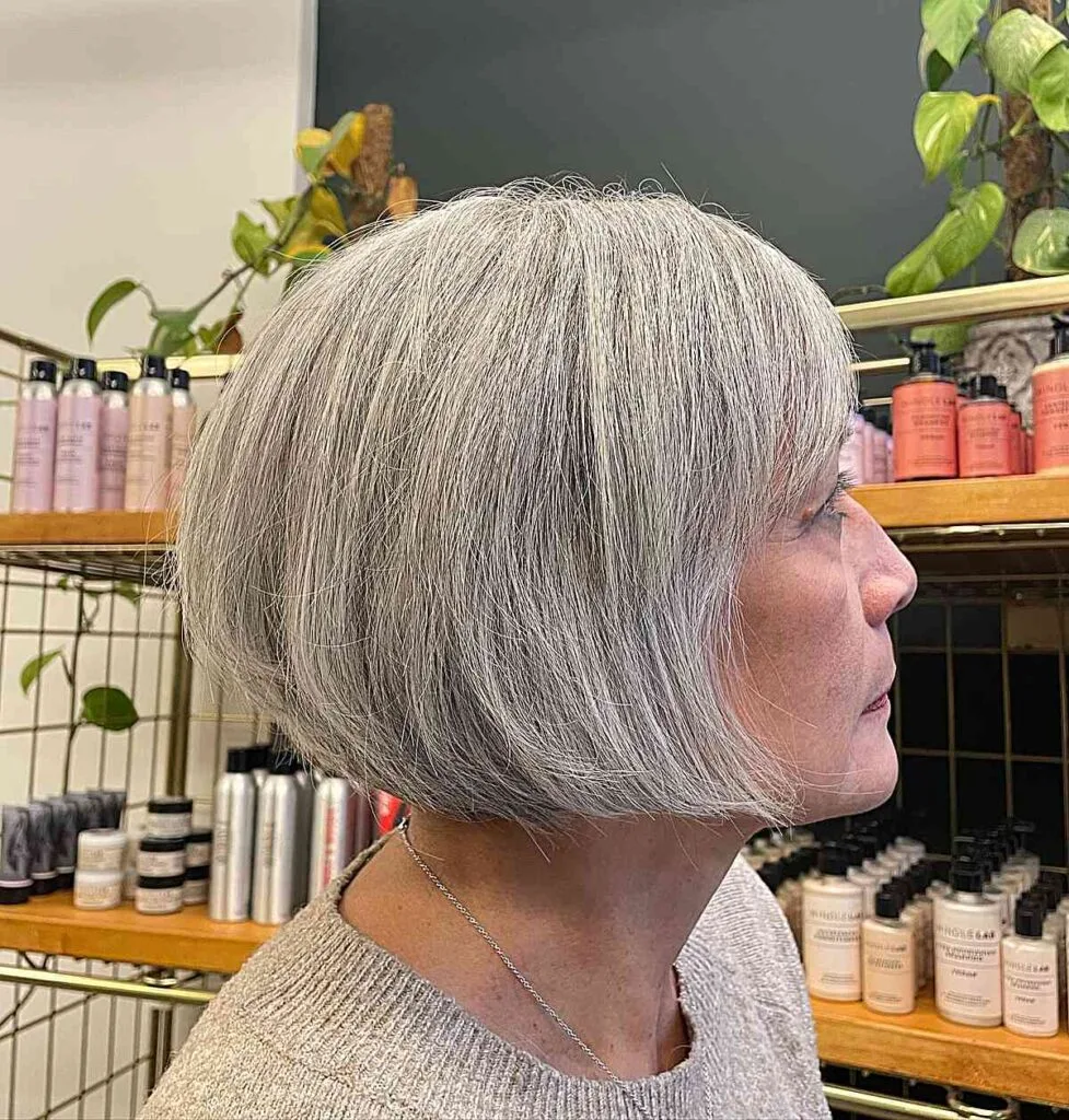 Silver Bob at Jaw Length with a Side Fringe on a Dense Hair Type for women aged 50