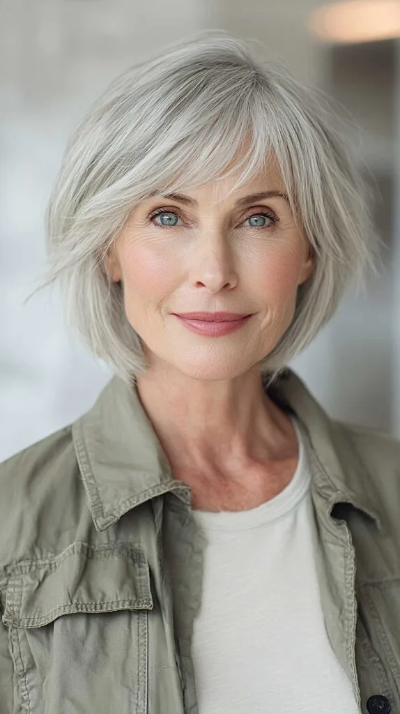 Silver chin-length shag bob with piecey wispy bangs