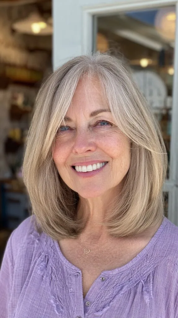 Silver Elegance Straight Lob with Light Curtain Bangs
