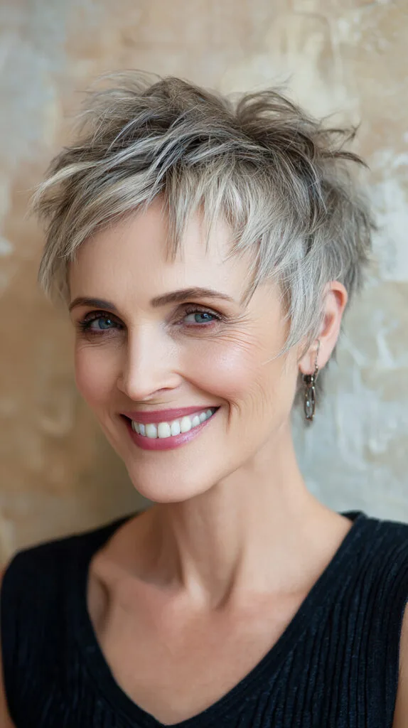 Silver Pixie with Choppy Micro-Bangs and Textured Crown