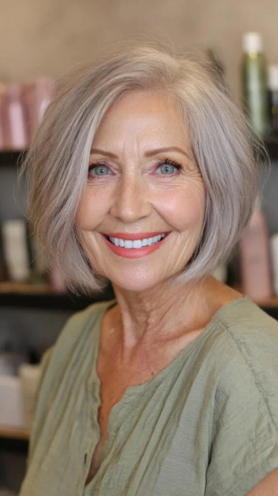 Silver Sleek Asymmetrical Bob with Soft Texturing