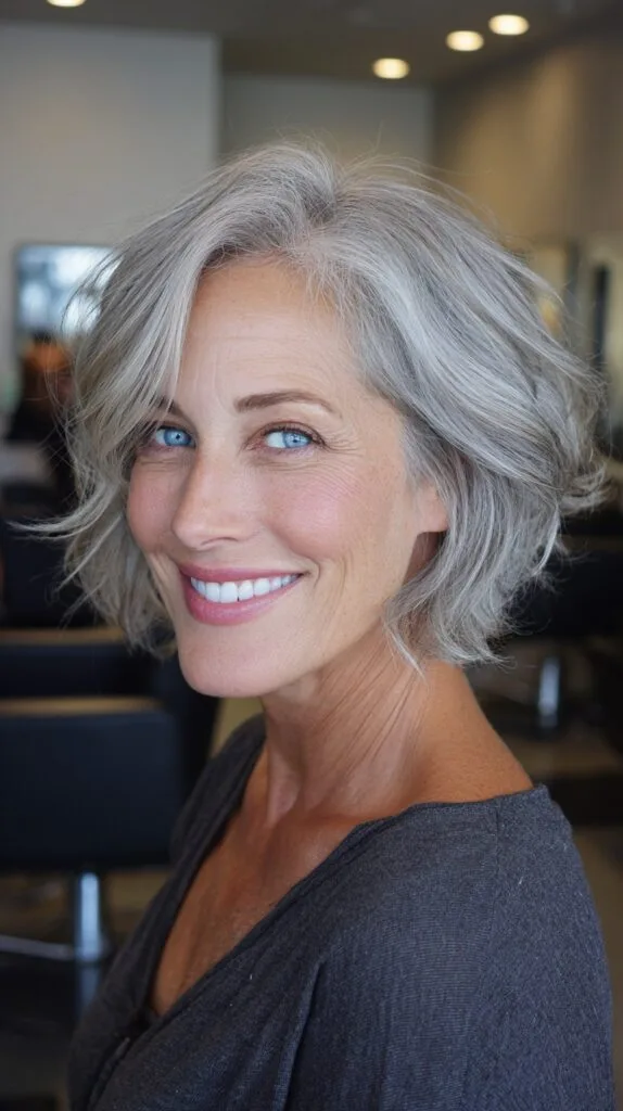 Silver Textured Chin-Length Bob with Side-Swept Layers