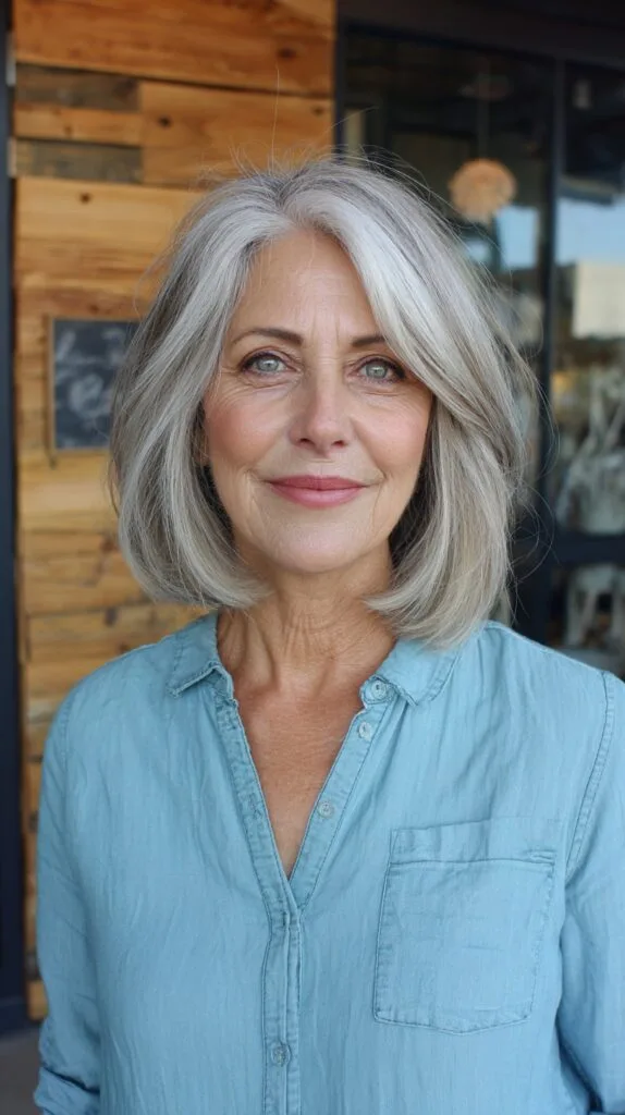 Silvery Sleek Lob with Face-Framing Bangs