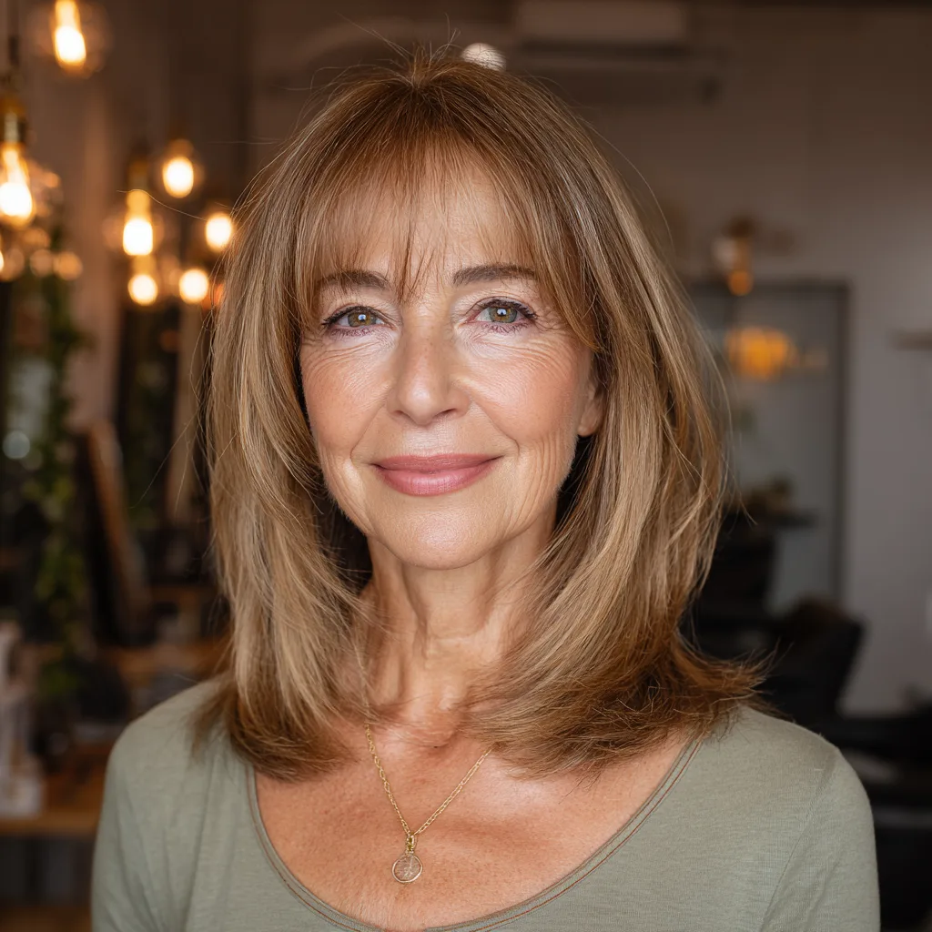 Sleek Caramel Lob with Feathered Bangs