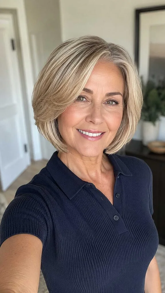 Sleek chin-length bob with blonde highlights and side sweep