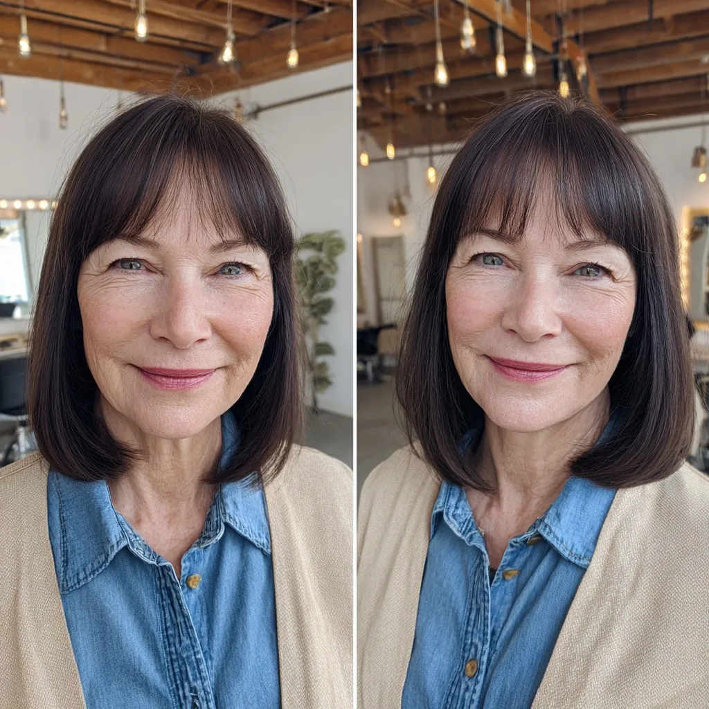 Sleek Chocolate Lob with Textured Curtain Bangs