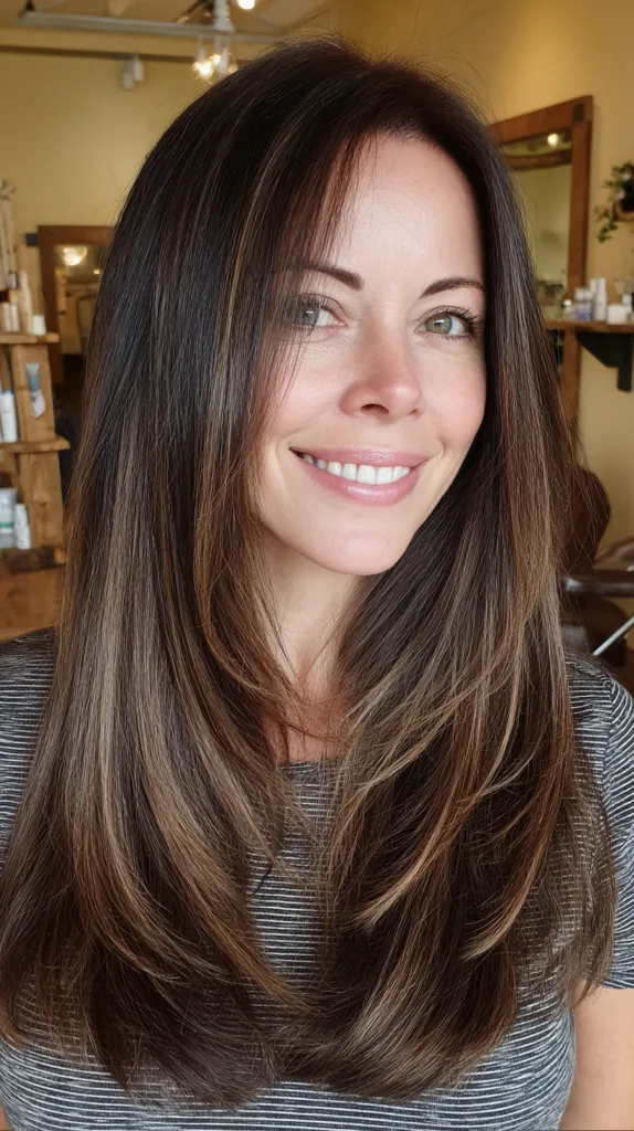 Sleek Long Cut with Warm Caramel Balayage