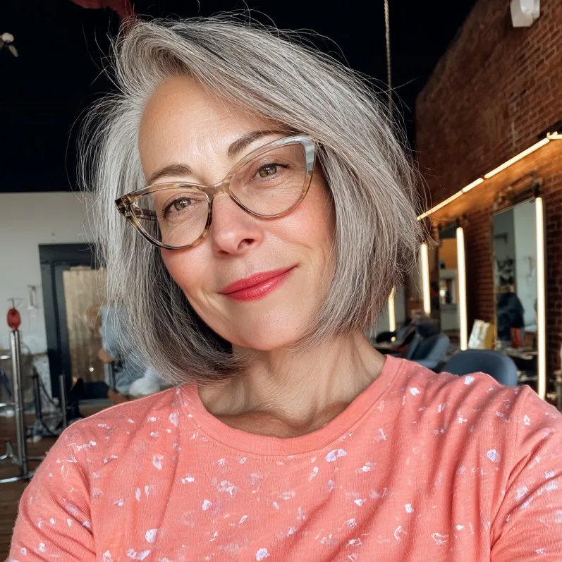 Sleek Shoulder-Length Grey Bob with Subtle Movement