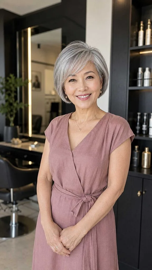 Sleek Silver Bob with Soft Side-Swept Bangs